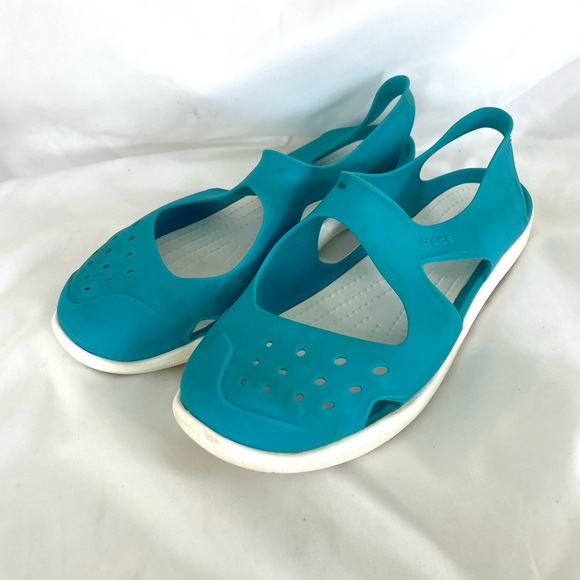 Crocs Swiftwater Wave Slip Ons Women's Sz 6 Teal/White Slingback Worn 2x - Picture 2 of 11
